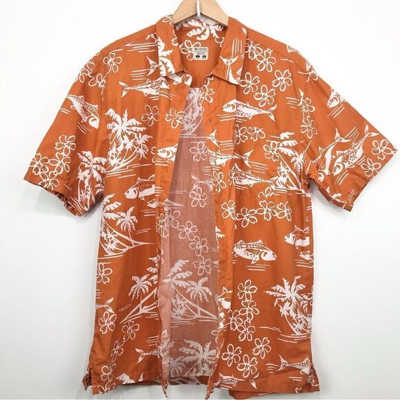 Columbia Orange Tropical Fish Cotton Button Down Short Sleeve Shirt - Picture 8 of 16